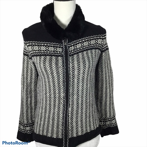 Black & White Fair Isle Zip Fur Collar Cardigan - Picture 2 of 14